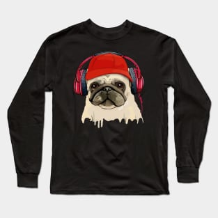 Pug, pug face and music headphones, pug lovers, gift for pug lovers Long Sleeve T-Shirt